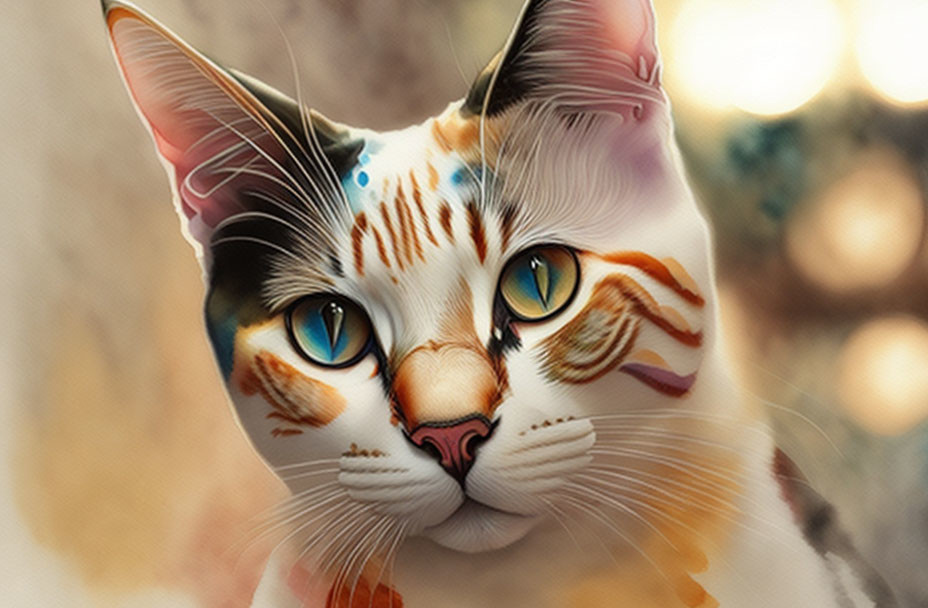 Detailed digital artwork: Colorful cat with striking markings and expressive blue eyes