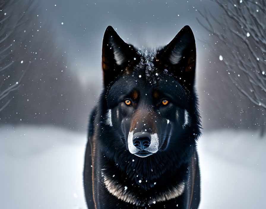 Black Dog with Tan Markings in Snowy Setting with Falling Snowflakes