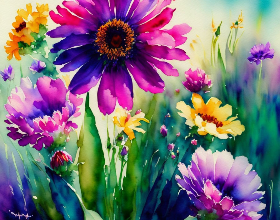 Assorted Flowers Watercolor Painting with Purple and Yellow Tones