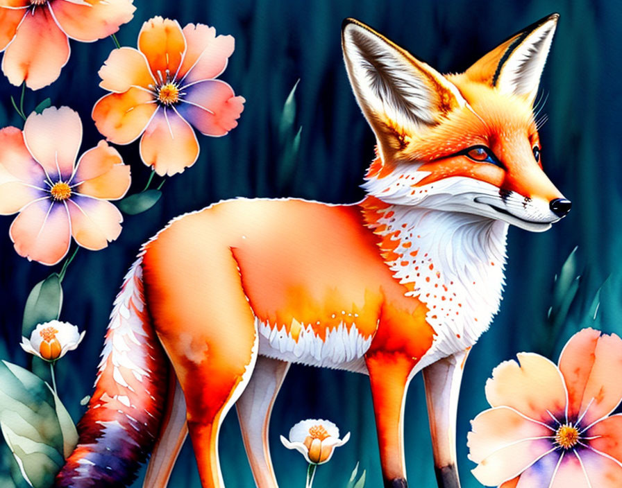 Colorful Fox Illustration Among Flowers on Dark Blue Background