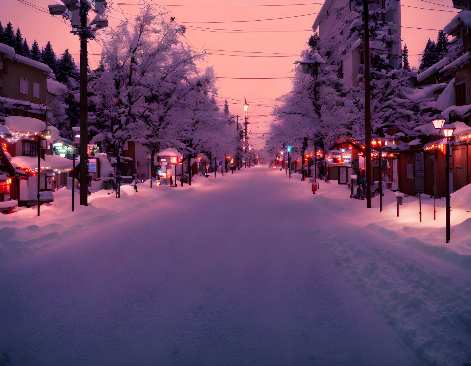 Twilight snow-covered street with illuminated lamps and buildings