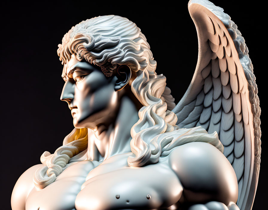 Detailed 3D angelic figure with muscular torso and feathered wing