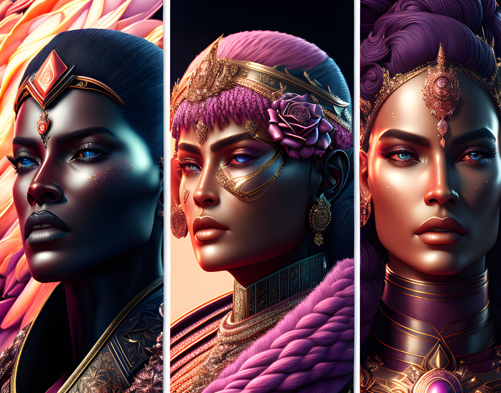 Three Stylized Women Portraits with Elaborate Jewelry and Hairstyles