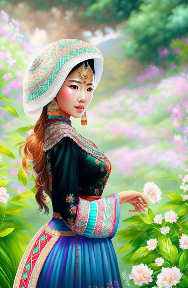 Colorful digital illustration of woman in traditional attire amid greenery & flowers