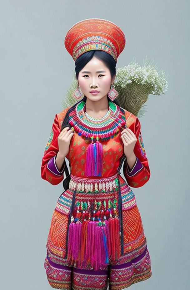 Traditional Ethnic Attire Woman with Elaborate Headdress and Flowers