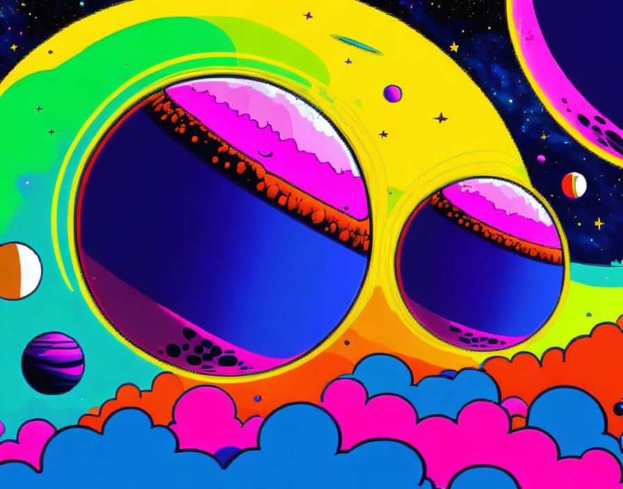 Colorful Psychedelic Illustration with Circular Glasses Reflecting Space Scene