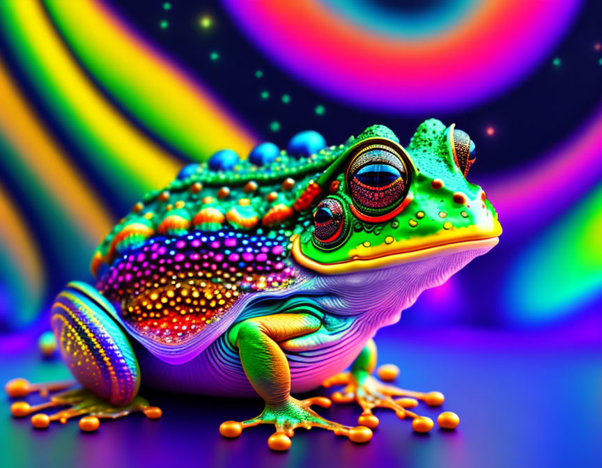 Colorful Psychedelic Frog Art with Rainbow Background