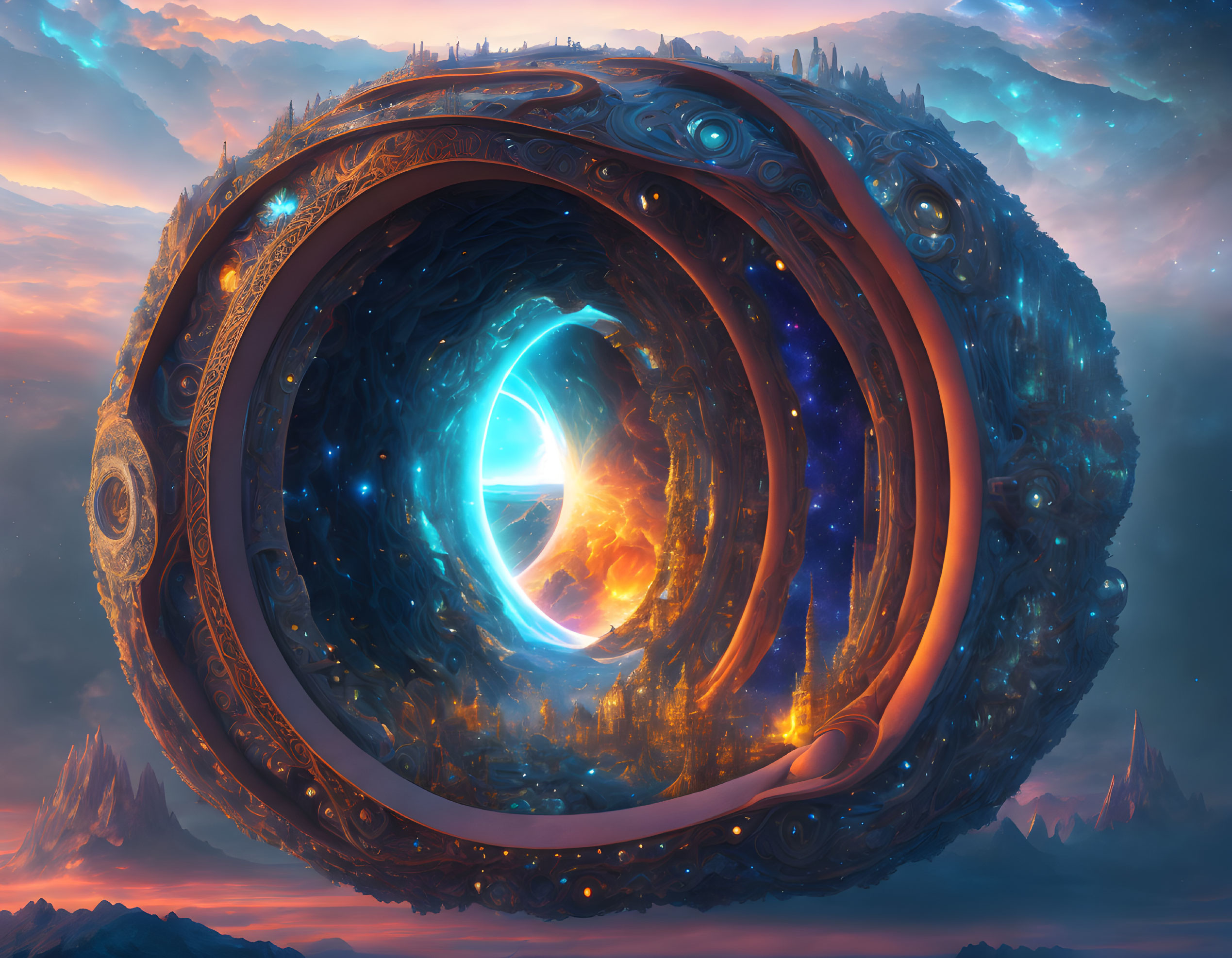 Intricate circular portal in vibrant sky with clouds of orange, pink, and blue.