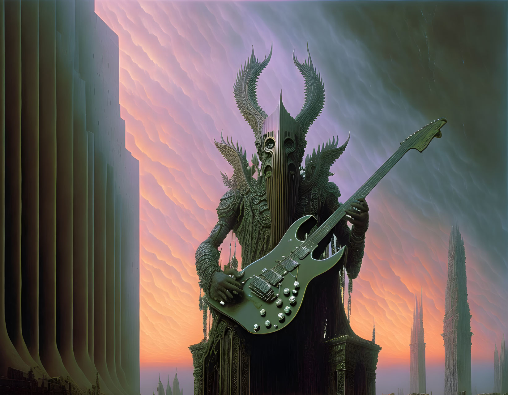 Mystical figure in elaborate armor with electric guitar in fantasy landscape