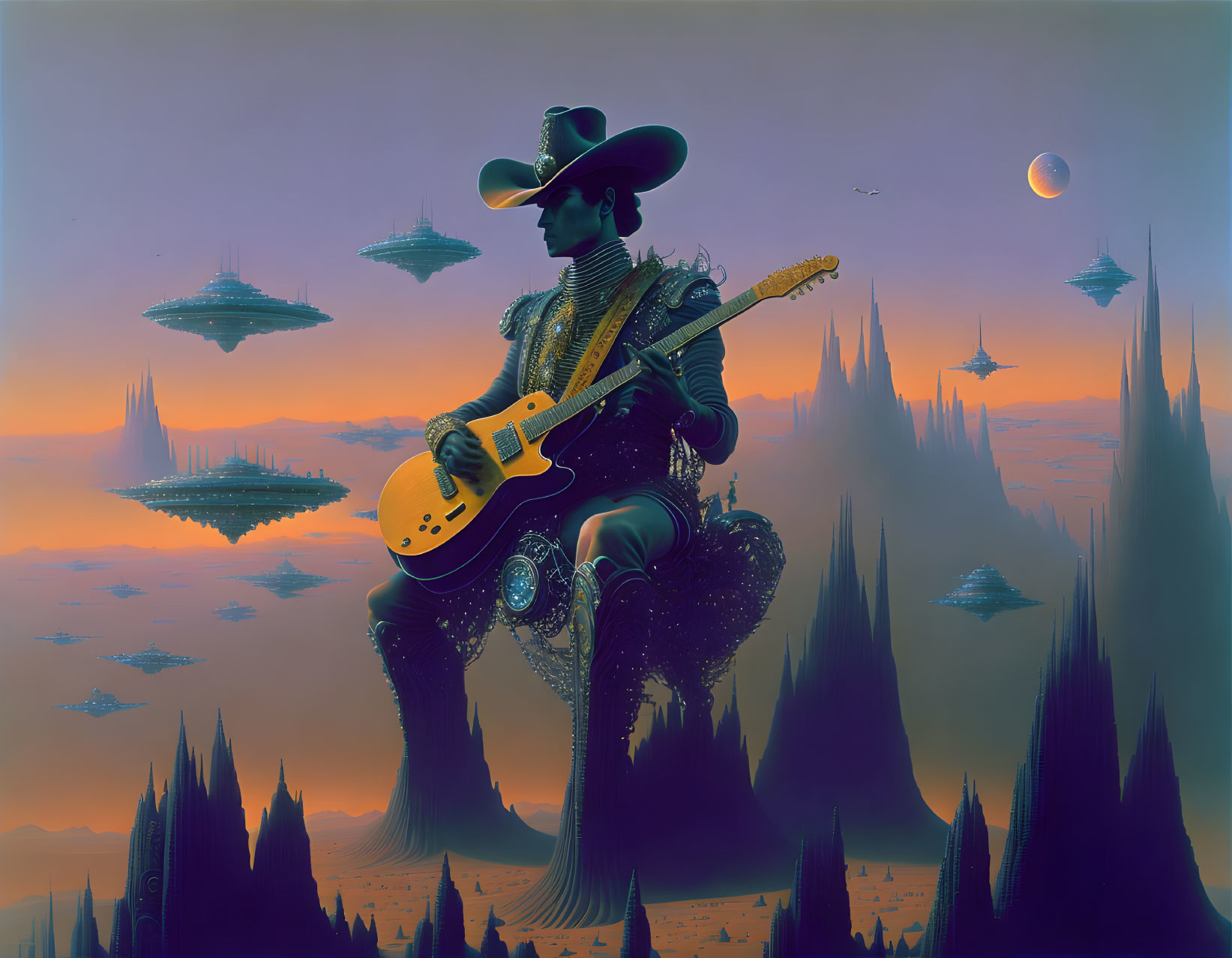 Futuristic cowboy playing guitar on fantastical plant with floating islands and spaceships