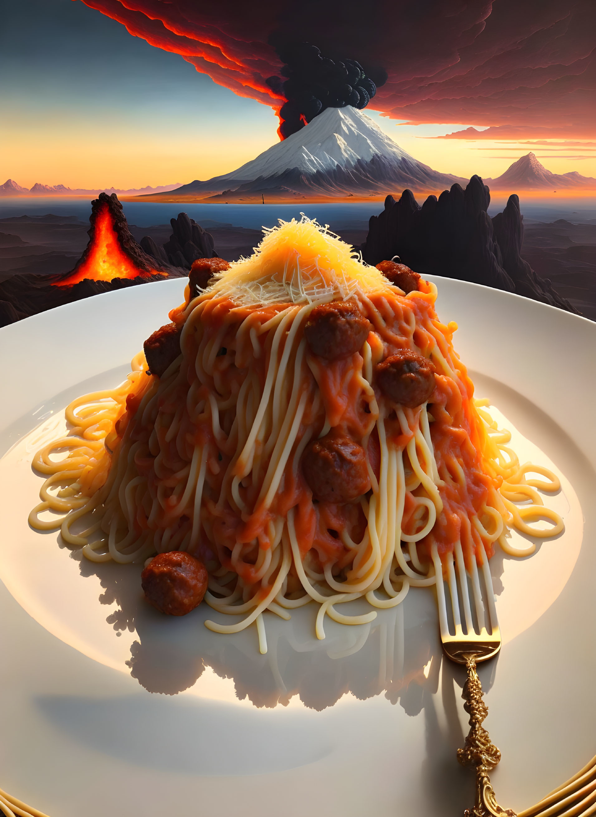 Spaghetti with Tomato Sauce and Meatballs in Volcanic Landscape