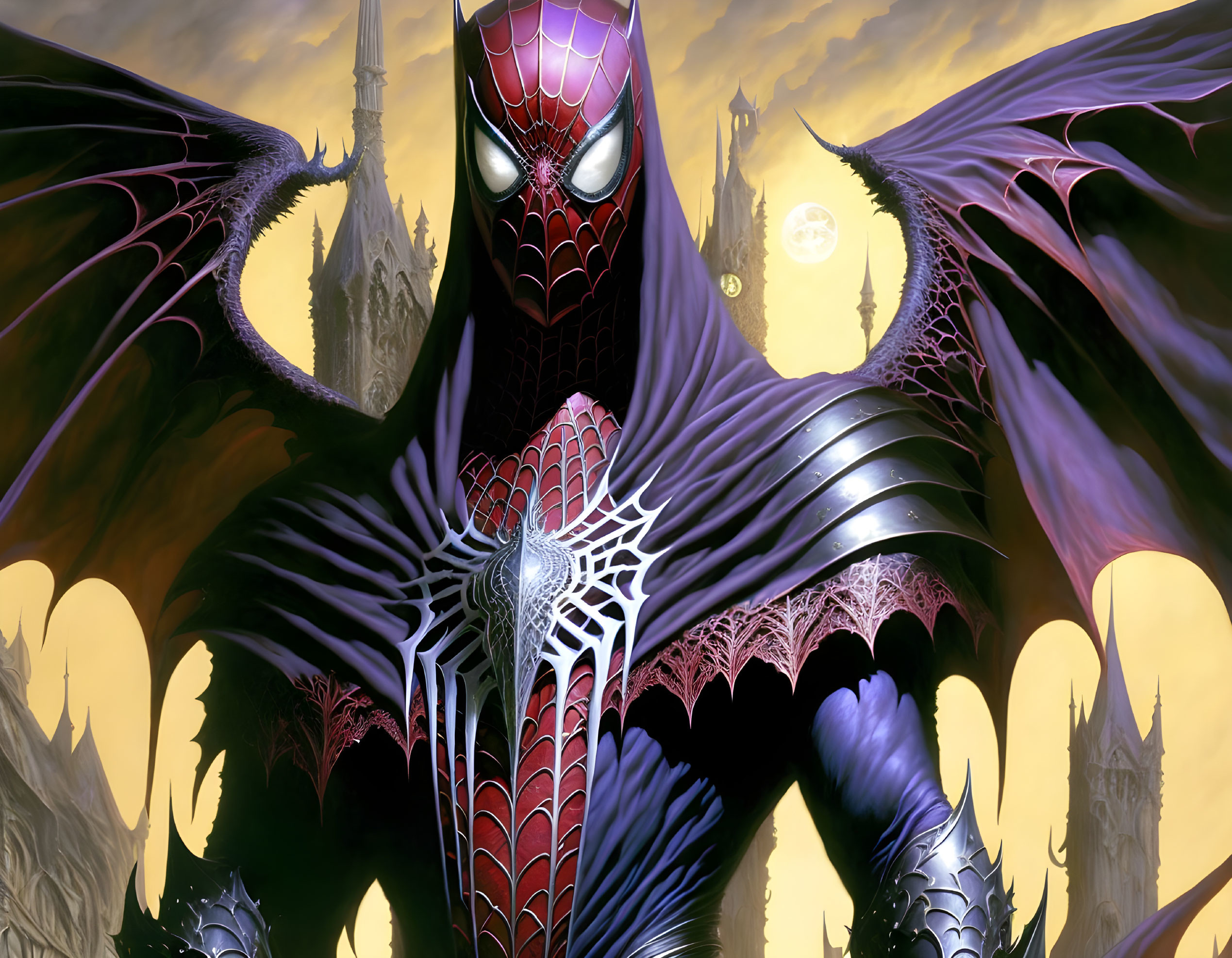 Spider-Man with Bat-Like Wings in Gothic Moonlit Scene