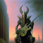 Mystical figure in elaborate armor with electric guitar in fantasy landscape