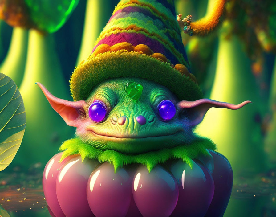 Colorful creature with purple eyes and striped hat in lush forest