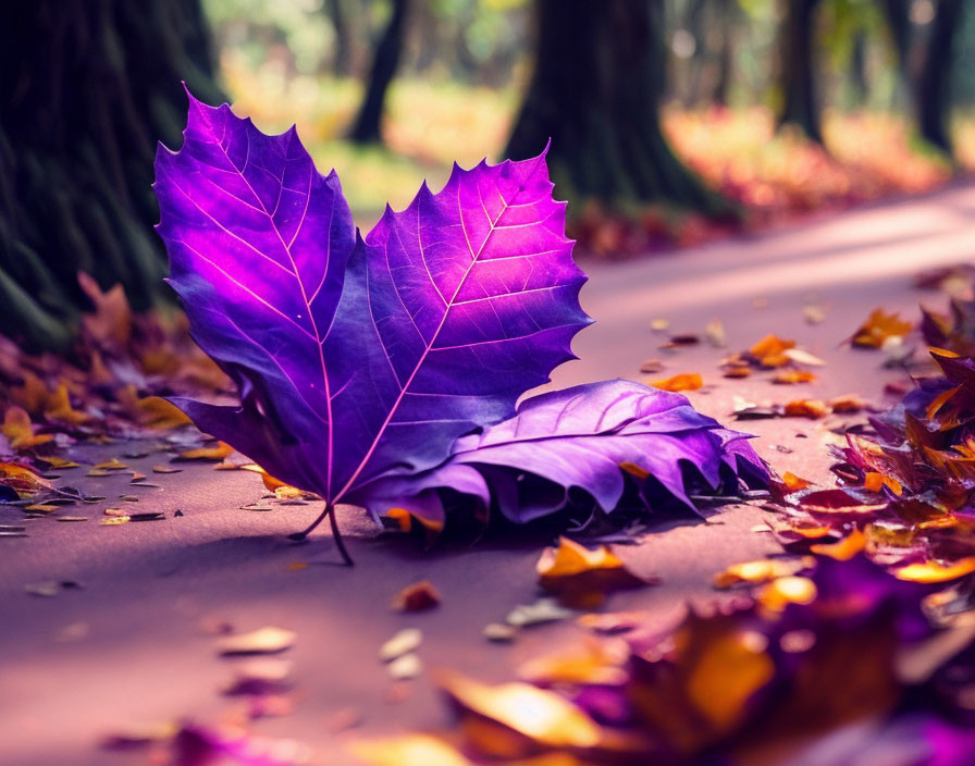 Vibrant purple leaves on forest path with autumn foliage and soft sunlight