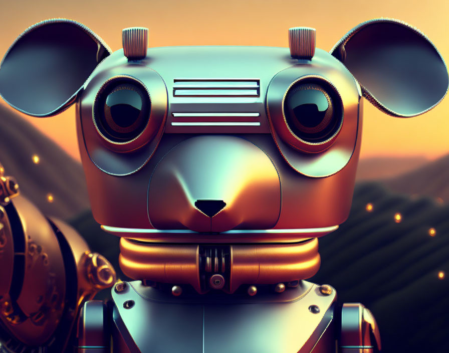 Stylized metallic dog robot with round eyes on warm abstract background