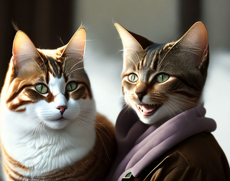 Two cats in clothes and scarves, one smiling, one neutral, against blurred background