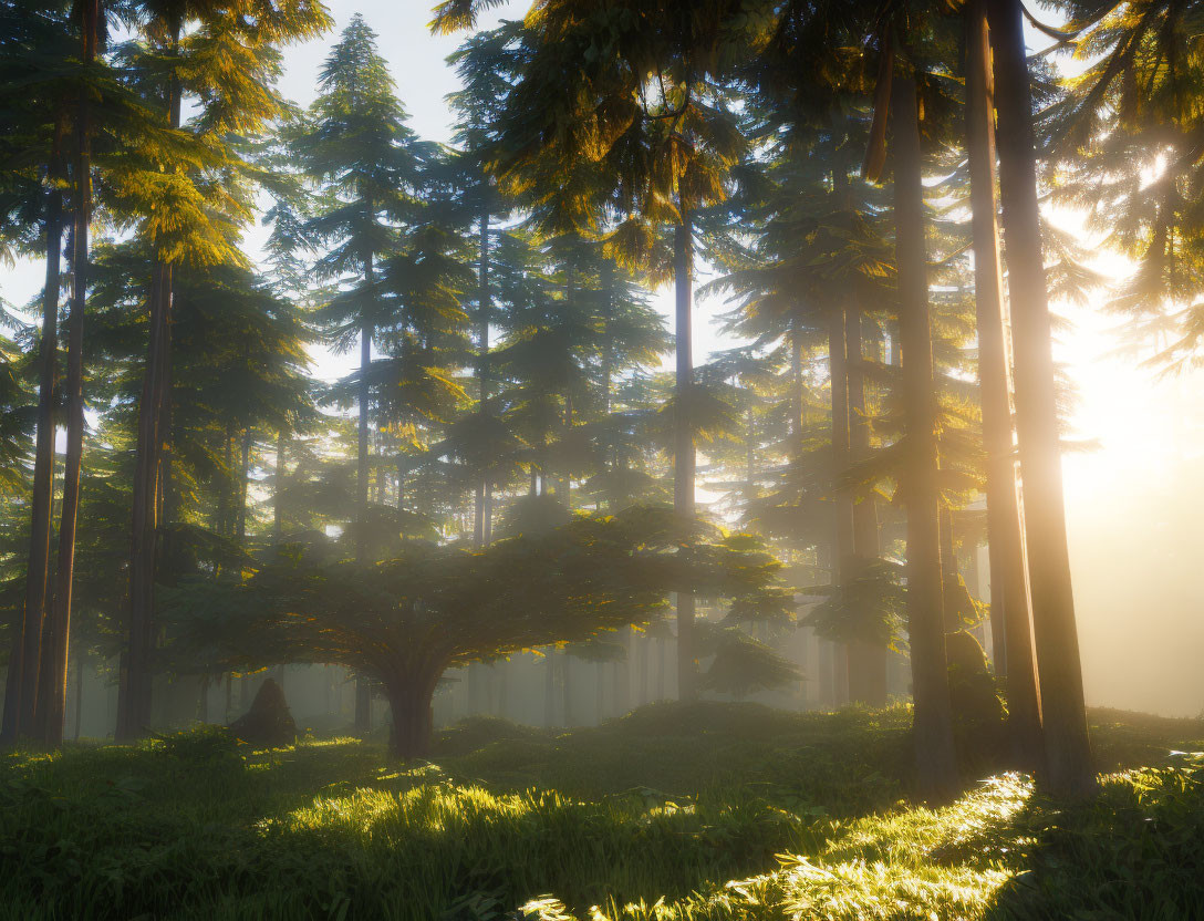 Misty forest with sunlight filtering through tall trees