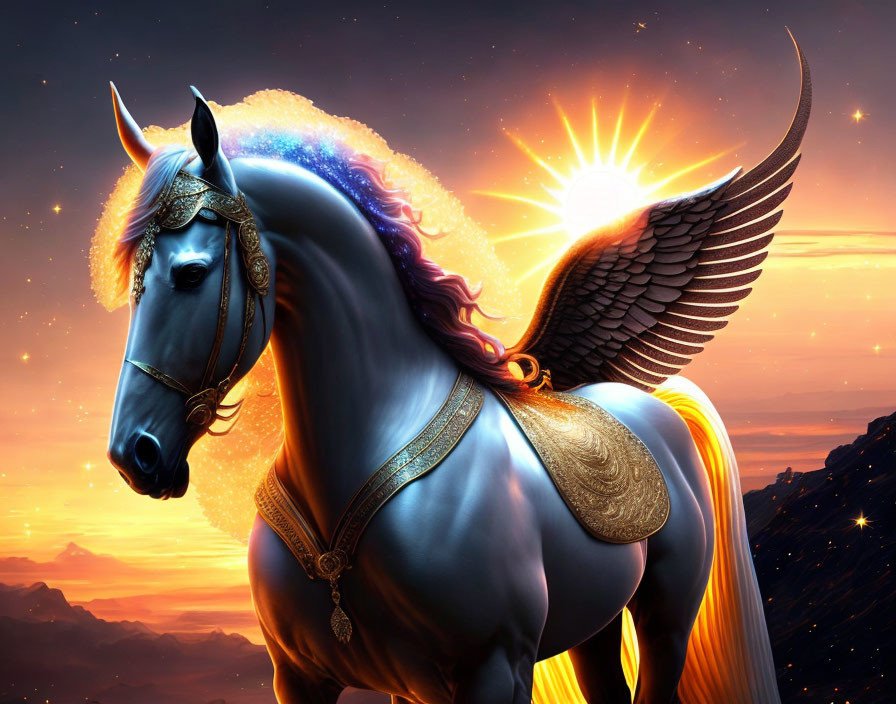 Majestic winged unicorn with glowing mane in ornate harness at sunset