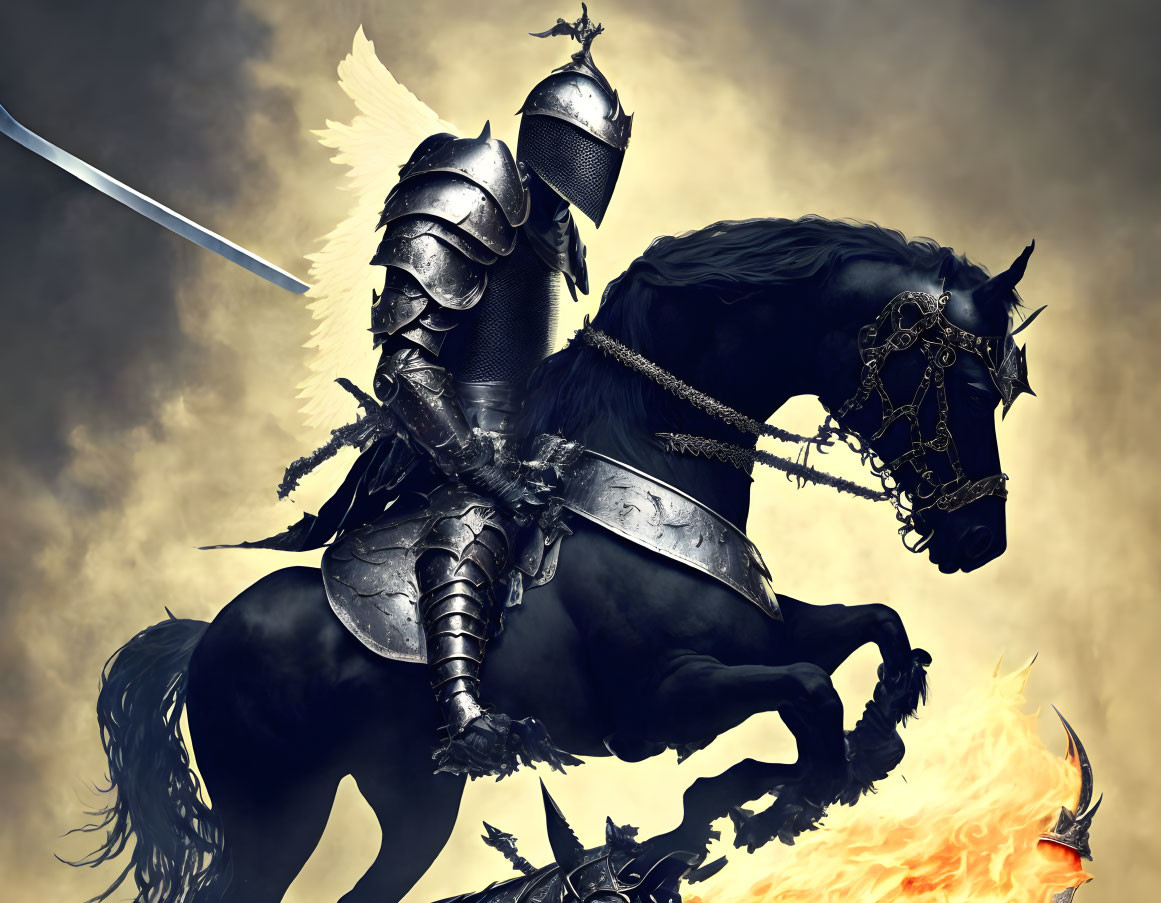 Armored knight on black horse wields sword under fiery sky