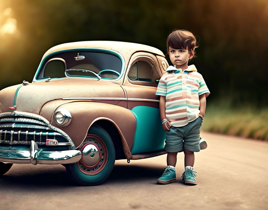 Young child in striped polo shirt and shorts standing next to vintage car on sunny day