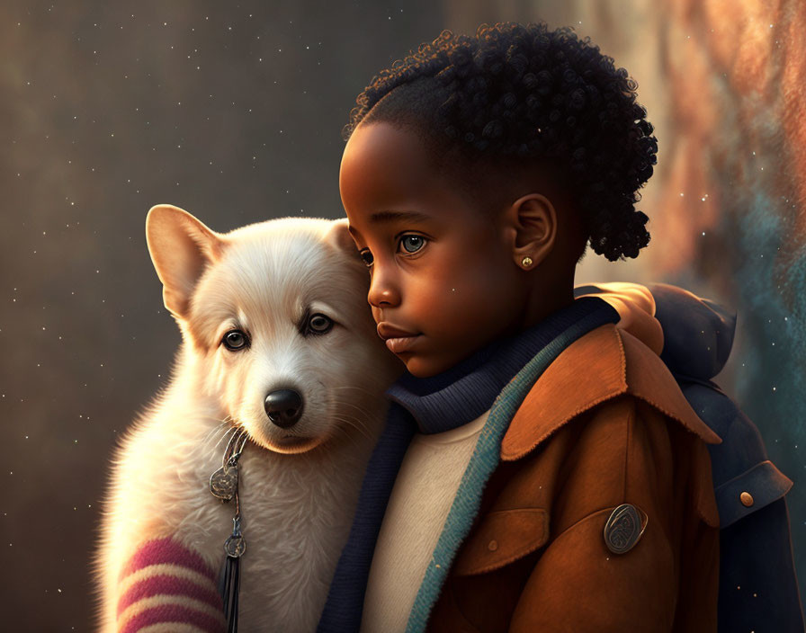 Child cuddling white dog in serene setting