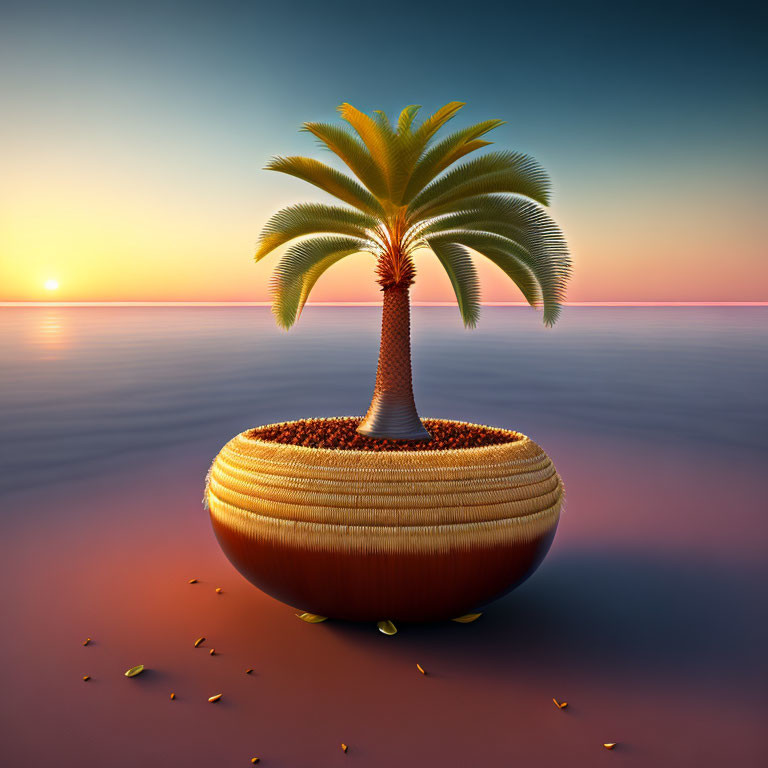 Surreal sunset scene: palm tree on pot-shaped island.