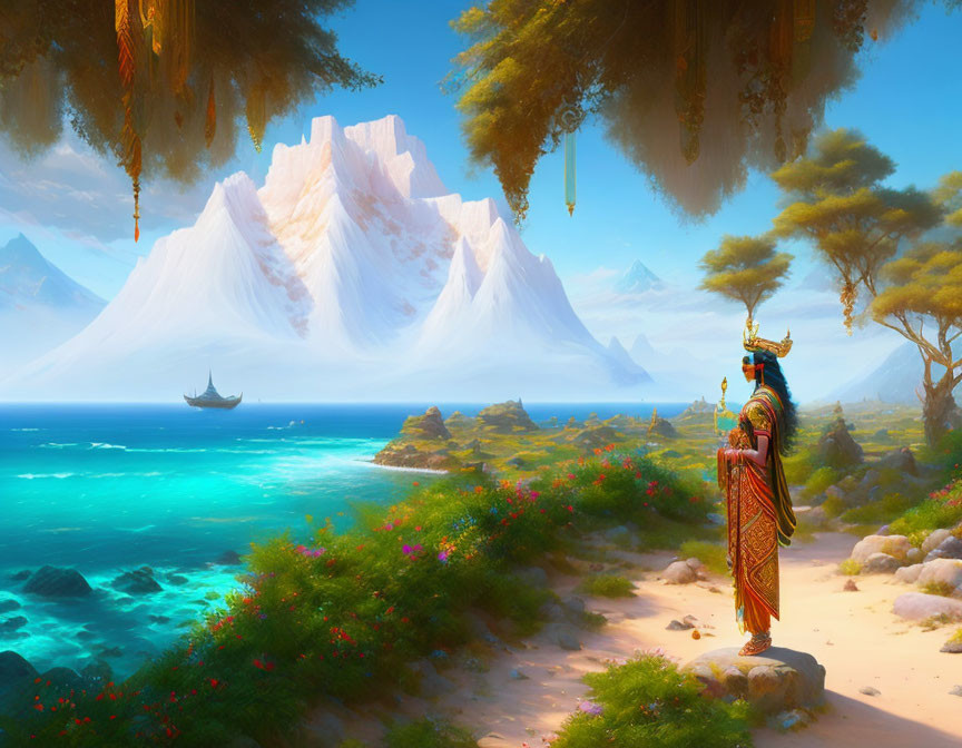 Person in ornate dress on tropical beach admires snow-capped mountains and sailing ship.