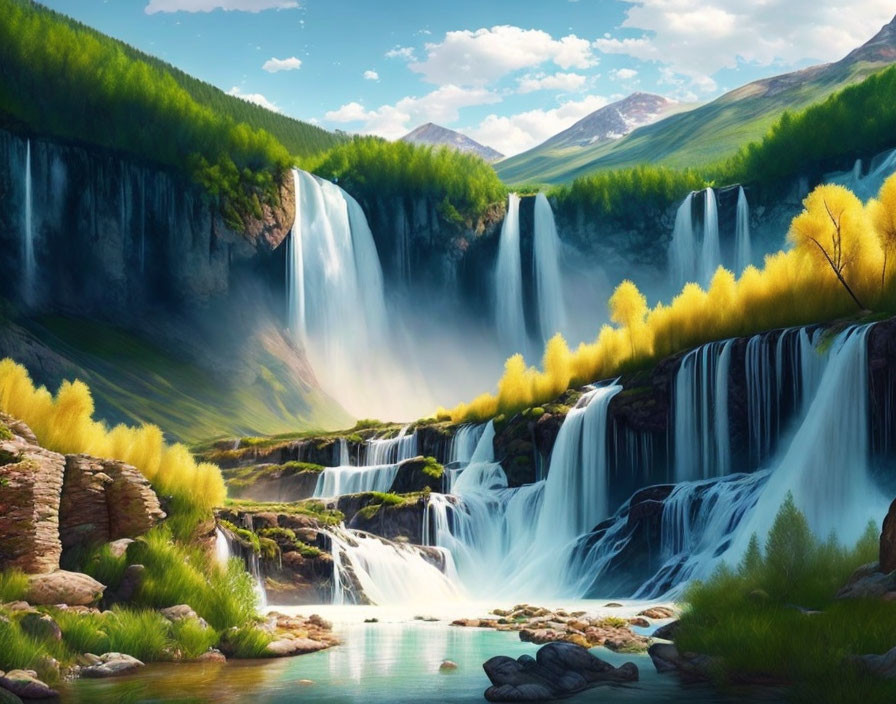 Tranquil landscape with cascading waterfalls and lush greenery