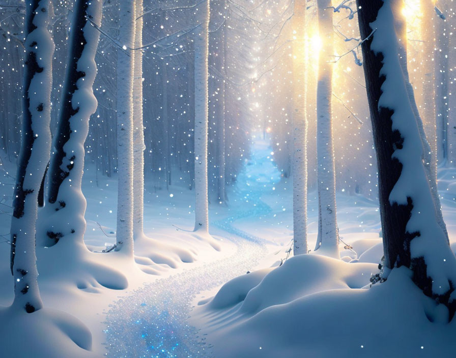 Enchanting Winter Forest with Blue Lights and Snowfall