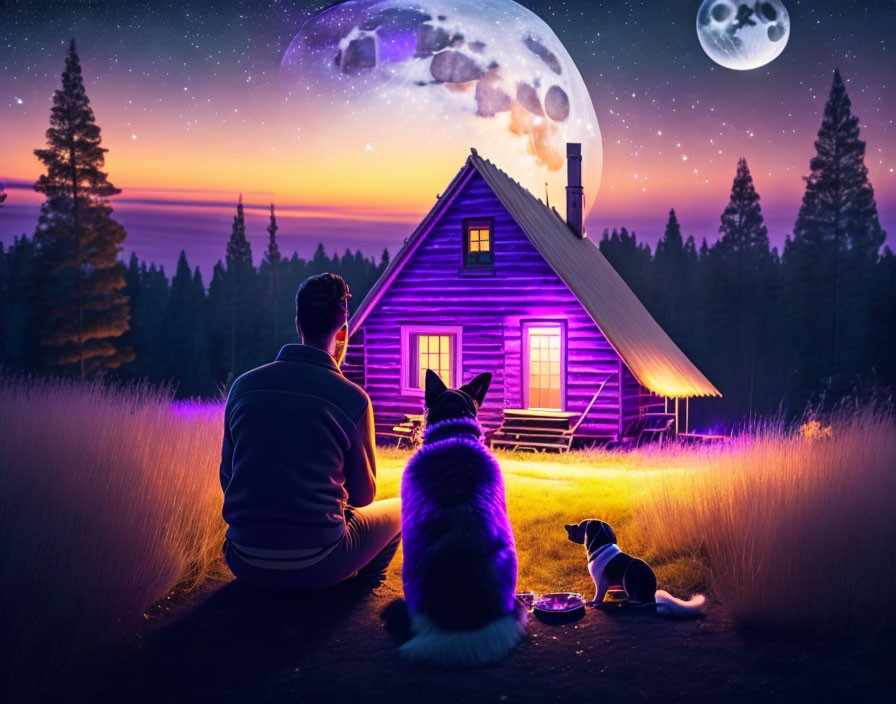 Person and dog near cabin under surreal oversized moon in starry sky