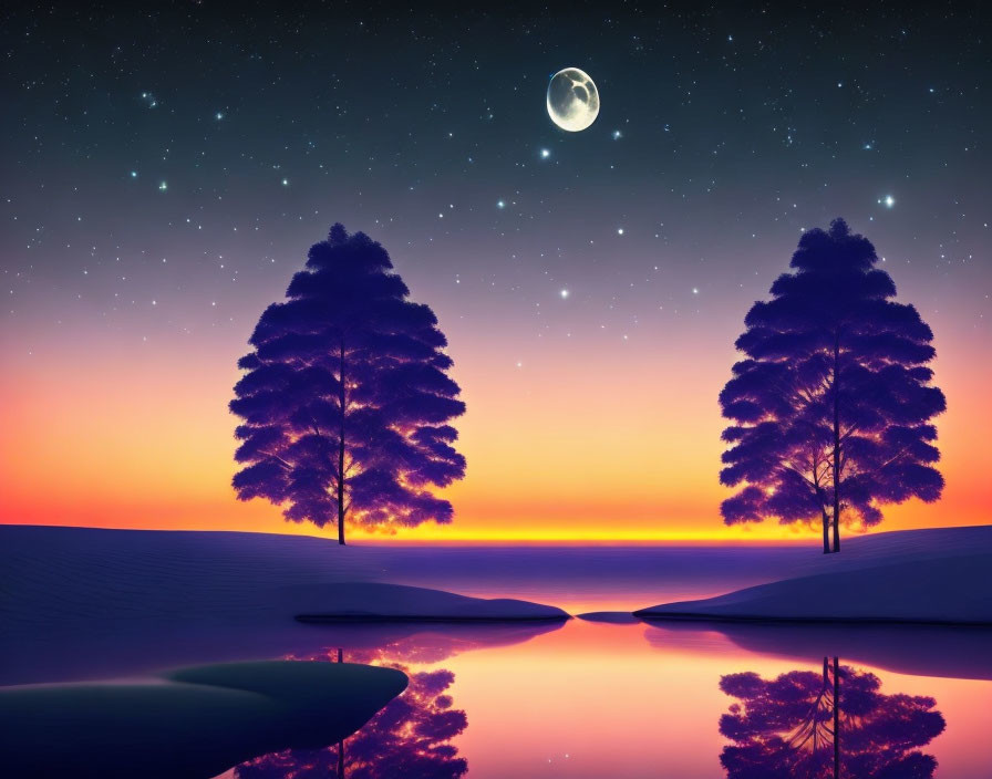 Tranquil twilight landscape with silhouetted trees, starry sky, and crescent moon