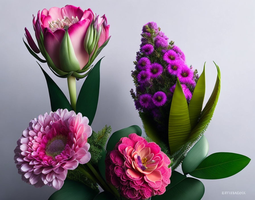 Colorful Floral Arrangement with Tulip, Purple Daisies, Pink Gerbera, and