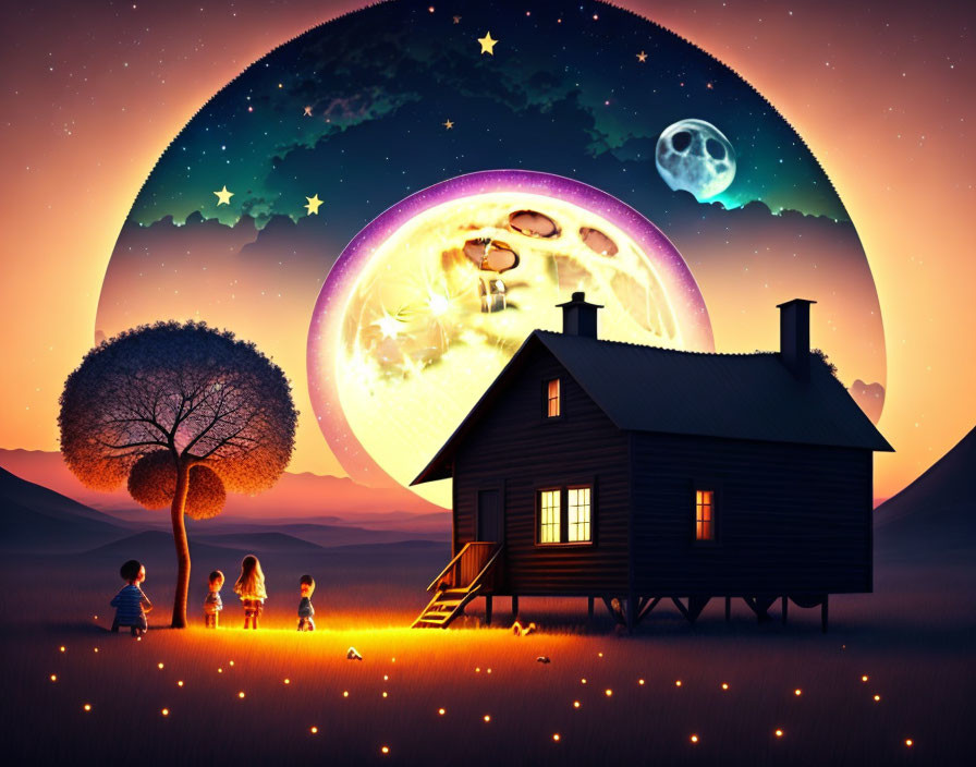 Children gazing at large moon in fantastical scene above house at twilight