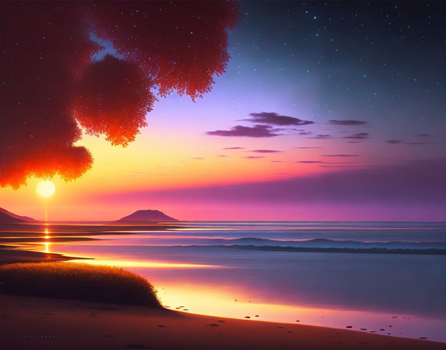 Surreal beach landscape: purple sky, bright sun, red nebula