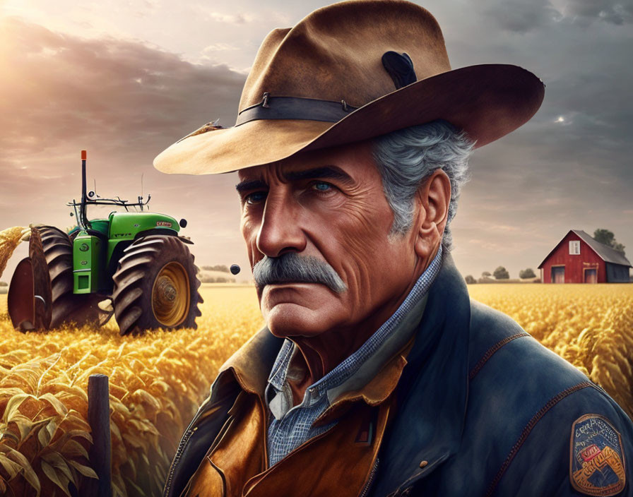 Elderly man in cowboy attire in front of wheat field with barn and tractor