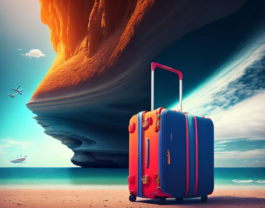 Suitcases on sandy shore with rock formation, sea, sky, and birds.