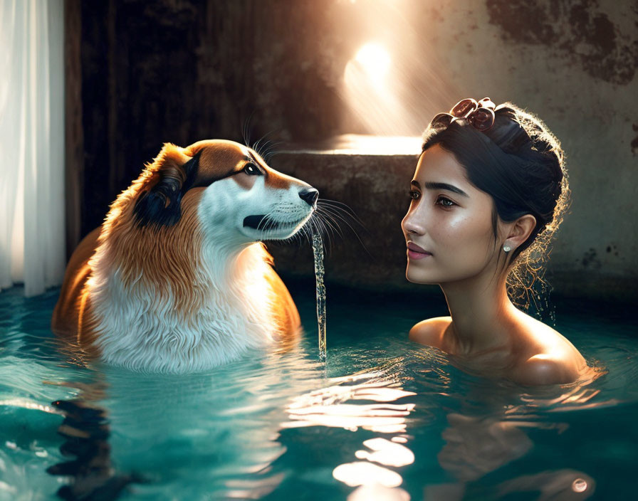 Woman with tiara and dog in water under sunlight beam