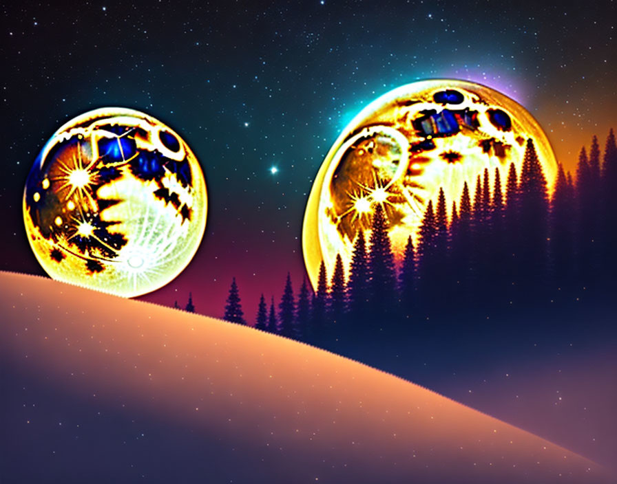 Colorful digital art: forest silhouette, ornate planet baubles in starry sky