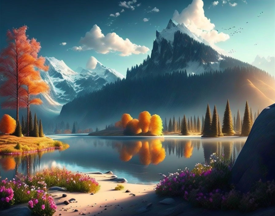 Tranquil autumn landscape with reflective lake, snow-capped mountains, and flying birds