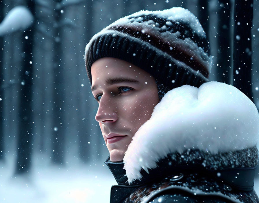 Contemplative person in snow-covered beanie amid falling snow