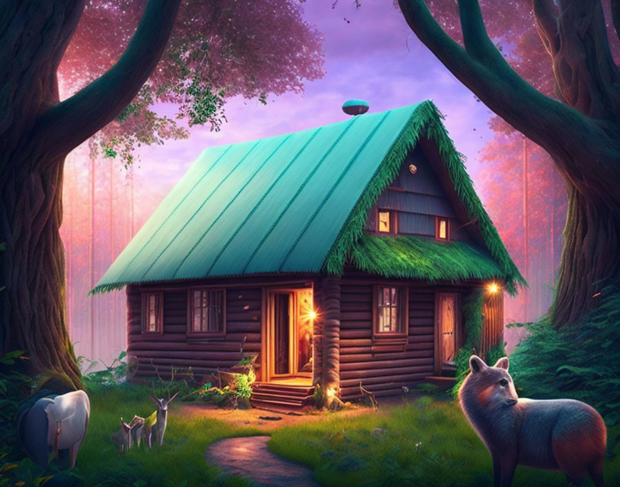 Charming woodland cottage scene with animals and green roof