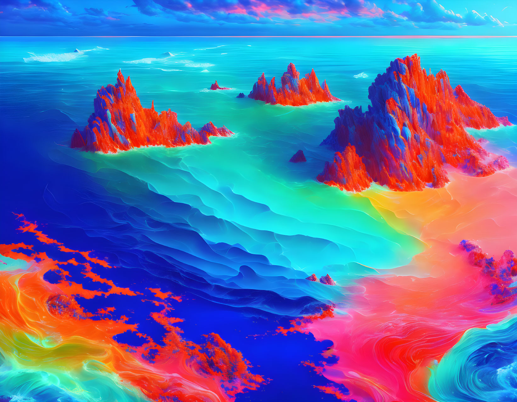 Surreal landscape with neon blue waters and colorful rock formations