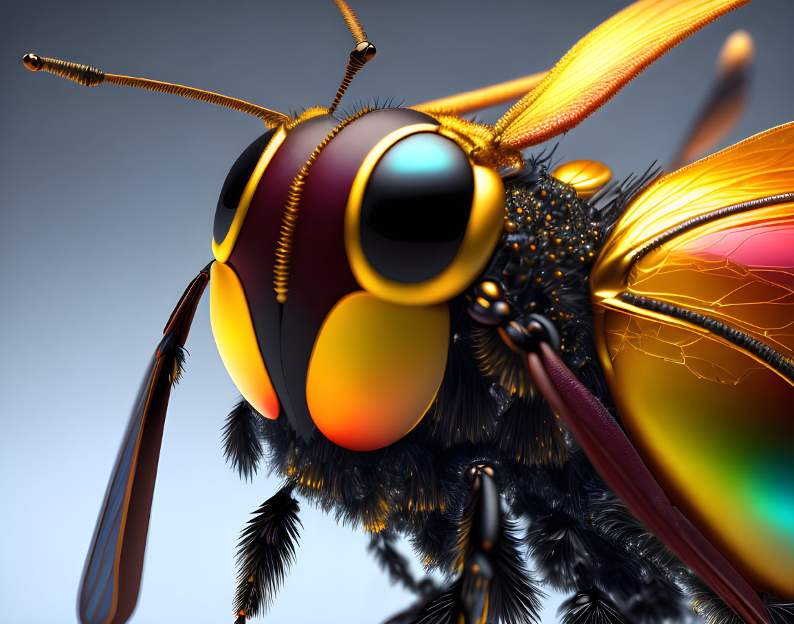 Detailed digital artwork: Vibrant bee with colorful exoskeleton and transparent wings.