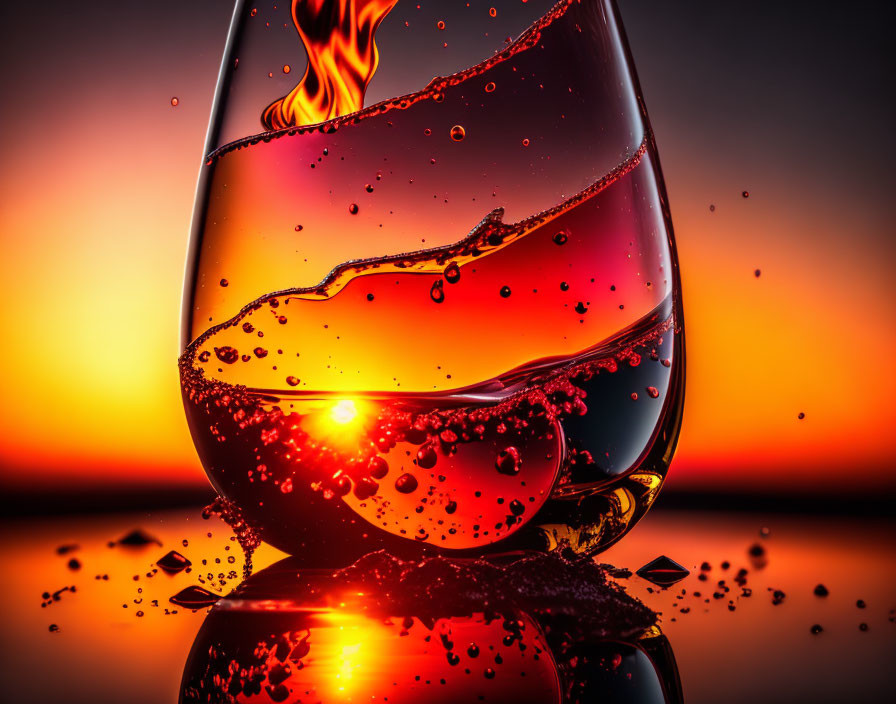 Flaming liquid with suspended droplets against vibrant sunset