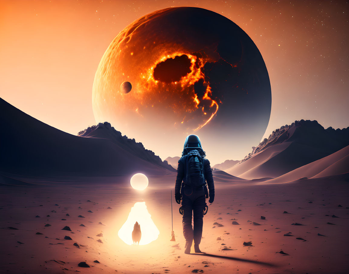 Astronaut on alien planet with red sky, cosmic anomaly, orb, and wolf silhouette