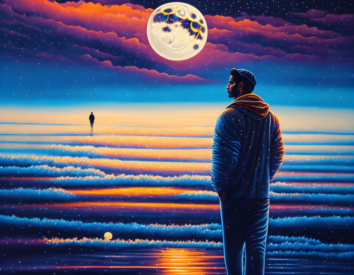 Person in jacket gazes at vibrant moonlit sea with figure in distance