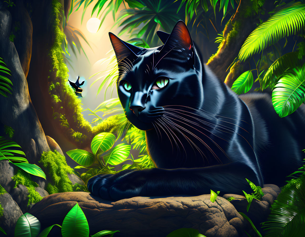 Black Cat with Blue Eyes Resting on Jungle Log Amid Green Foliage