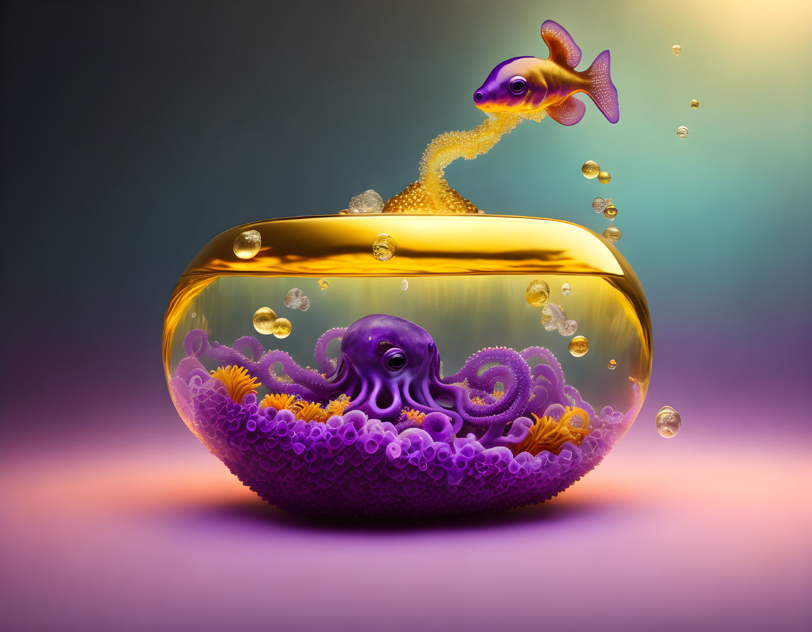 Colorful Fish Jumping Out of Bowl with Octopus and Anemones Underwater