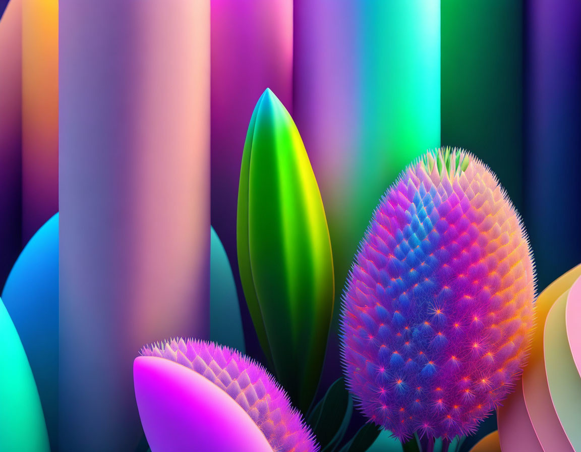 Abstract digital artwork: Colorful cylindrical shapes with textured leaf elements